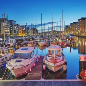 A dusk view of the modernised harbour and marina at Portishead, near Bristol, in Somerset