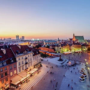 Elevated view of the Castle Square at twilight, Old Town, Warsaw, Masovian Voivodeship