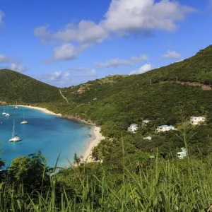 Elevated view of White Bay beaches and yachts, Jost Van Dyke, British Virgin Islands, West Indies, Caribbean, Central America