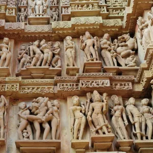 Erotic sculptures on the walls of Western group of monuments, Khajuraho, UNESCO World Heritage Site, Madhya Pradesh, India, Asia