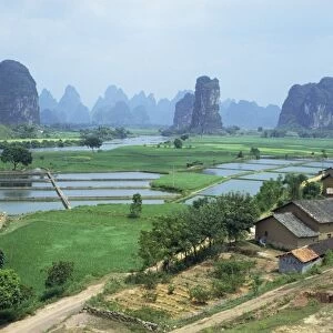 Farmland and rock formations of Guangxi, Guilin Province, China