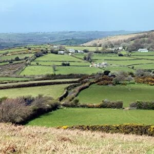 Fields and farms on the northeast edge of Dartmoor looking towards Chagford, Devon, England, United Kingdom, Europe