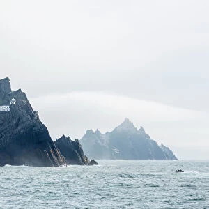 Fog shrouds the Skellig Islands, Great Skellig Michael in the foreground, Little Skellig behind, County Kerry, Munster, Irish Sea, Republic of Ireland, Europe