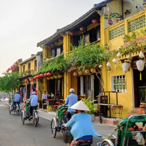 General view of shop houses and bicycles in Hoi An, Vietnam, Indochina, Southeast Asia