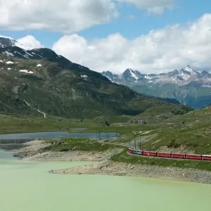 The Glacier Express train near St. Moritz, Canton Graubunden, Swiss Alps