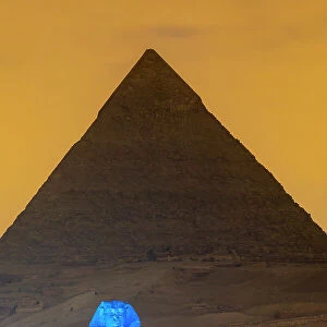 The Great Sphinx of Giza and The Pyramid of Khafre illuminated, UNESCO World Heritage Site, Giza, Egypt, North Africa, Africa