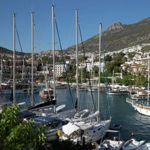 Gulets in harbour, Kalkan, Lycia, Antalya Province, Mediterranean Coast, Southwest Turkey, Turkey, Asia Minor, Eurasia