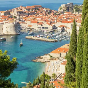 High-angle view over the old town of Dubrovnik and Banje Beach, Dubrovnik, Croatia