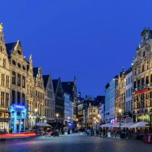 The historic centre of Antwerp during the evening blue hour, Antwerp, Belgium, Europe