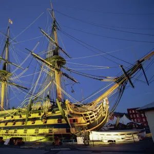 HMS Victory at night, Portsmouth Dockyard, Portsmouth, Hampshire, England