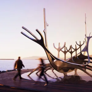 Iceland, Reykjavik, Solfar (Sun Voyager), iconic stainless-steel modern sculpture representing a Viking longboat by Jon Gunnar Arnason