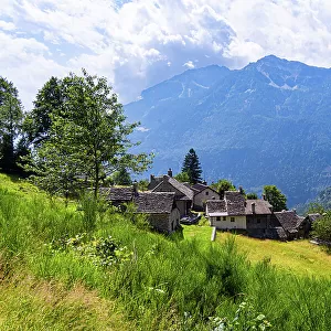 Idyllic alpine village on a green slope with an mountainous background, Varzo, the Valley of Ossola, Piedmont, Italy, Europe