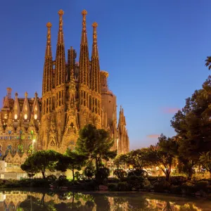 La Sagrada Familia church lit up at night designed by Antoni Gaudi, UNESCO World Heritage Site