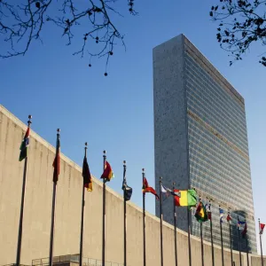 Line of flags outside the United Nations Building