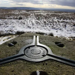 Looking west from an old Ordnance Survey triangulation point on The Chains above Blackmoor Gate in winter, Exmoor, Devon, England, United