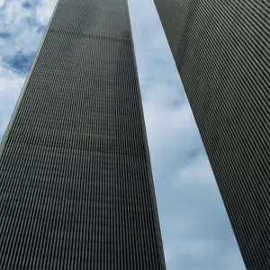 Low angle view of the exterior of the World Trade Center Twin Towers