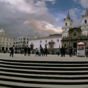 Monasterio de San Francisco, with glow of volcanic ash in sky, Plaza de San Francisco