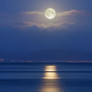 Full moon over the Mumbles, Swansea, Wales, United Kingdom, Europe