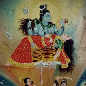 Mural of Shiva and his consort Parvati, India, Asia