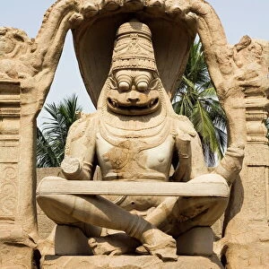 The Narasimha Monolith from 1528 AD shows Vishnu as half-lion, half-man at Hampi