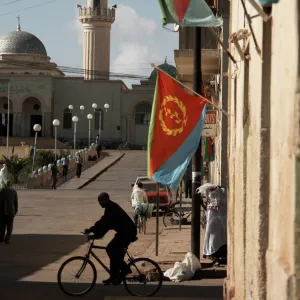 National flags adjorn the streets for Workers Day, Asmara, Eritrea, Africa