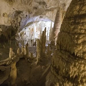 The natural show of Frasassi Caves with sharp stalactites and stalagmites, Genga