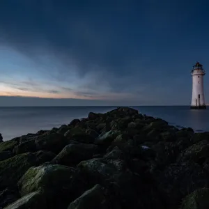 New Brighton Lighthouse at dusk, Wallasey, Merseyside, The Wirral, England, United