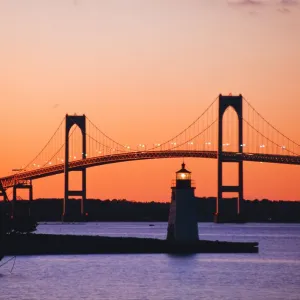 Newport Bridge and Harbor at sunset