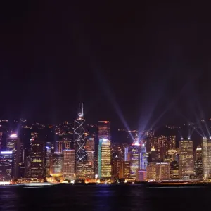 Nightly sound and light show over Hong Kong Island skyline, Hong Kong, China, Asia