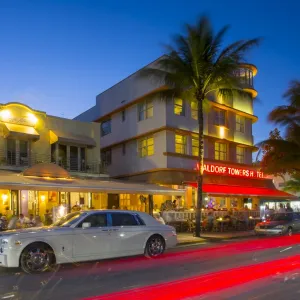 Ocean Drive and Art Deco architecture at dusk, South Beach, Miami Beach, Miami, Florida