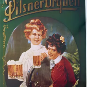 Old beer poster, Plzen, West Bohemia, Czech Republic, Europe