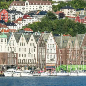 Panoramic of the multi coloured facades of buildings in Bryggen, UNESCO World Heritage