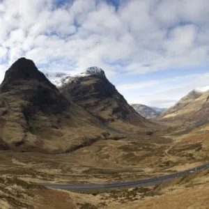 Panoramic view of Glencoe showing The Three Sisters of Glencoe mountains