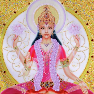 Picture of Lakshmi, goddess of wealth and consort of Lord Vishnu, sitting holding lotus flowers