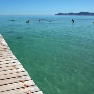 Pier at Platja d Alcudia, Mallorca, Balearic Islands, Spain, Mediterranean, Europe