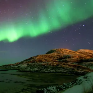 Pink and green aurora borealis (Northern Lights) photographed reflected in the sea near Tromso, Norway, Scandinavia, Europe