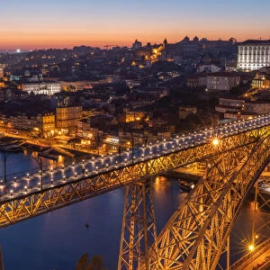 Porto with bridge Ponte Dom Luis I over River Douro at night, Porto, Portugal, Europe
