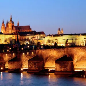 Prague Castle on the skyline and the Charles Bridge over the River Vltava