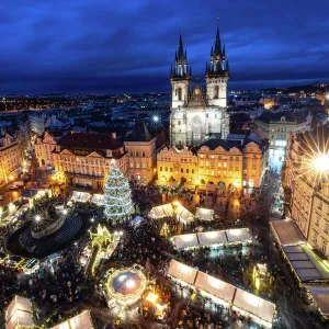 Pragues Old Town Square Christmas Market viewed from the Astronomical Clock during