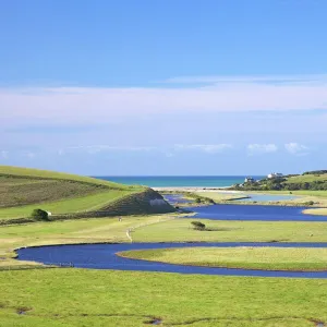 River Cuckmere meets the English Channel at Cuckmere Haven, East Sussex, South Downs National Park, England, United Kingdom, Europe