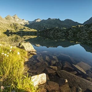 The rocky peaks reflected in Lago Nero at dawn, Cornisello, Pinzolo, Brenta Dolomites