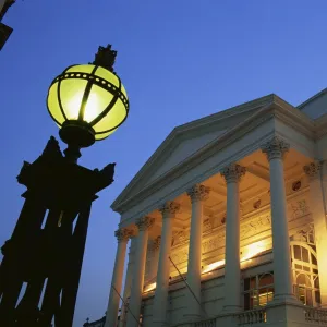 The Royal Opera House illuminated at dusk, Covent Garden, London, England