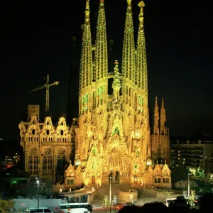 The Sagrada Familia, the Gaudi cathedral, illuminated at night in Barcelona