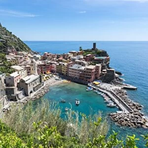 A scenic lookout over the harbour and old town of Vernazza, Cinque Terre, UNESCO