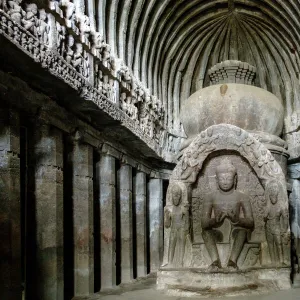 Sculpture of the Buddha in the main room of the temple of Vishvakarma (Cave 10), Ellora Caves