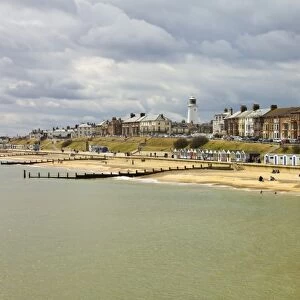 Seafront of this attractive town with the lighthouse, North Parade and the famously pricey beach huts, Southwold, Suffolk, England, United Kingdom, Europe
