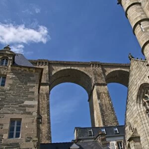 St. Melaine church dating from the 15th century, flamboyant gothic, and Viaduct, Morlaix, Finistere, Brittany, France, Europe