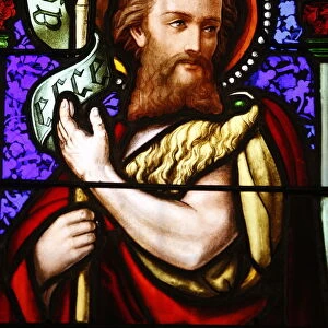 Stained glass of St. John the Baptist, in St. Pauls church, Lyon, Rhone, France