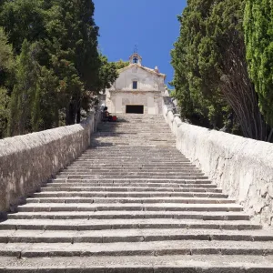 Stairway to calvary with chapel, Pollenca, Majorca (Mallorca), Balearic Islands (Islas Baleares), Spain, Mediterranean, Europe