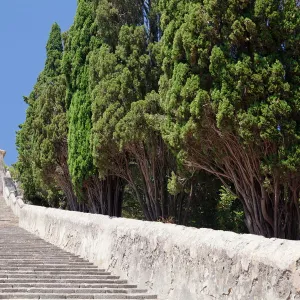 Stairway to calvary with chapel, Pollenca, Majorca (Mallorca), Balearic Islands (Islas Baleares), Spain, Mediterranean, Europe